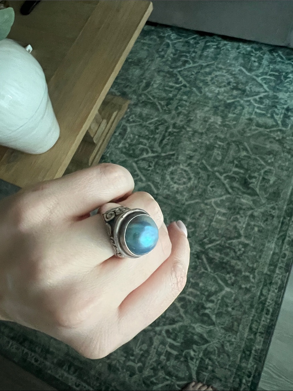 Big Blue Mabe Cultured Pearl Sterling Silver Ring 925